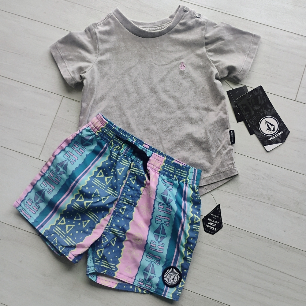 VOLCOM NEW Grey Wash Tee & Surf Shorts